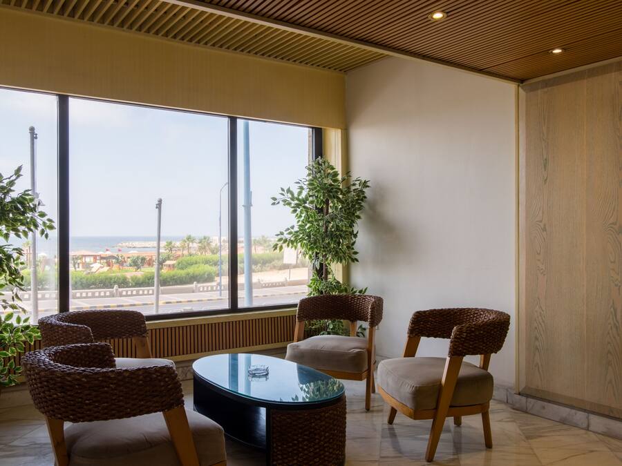 Een moderne kamer met grote ramen, rieten stoelen, een glazen tafel en een kamerplant.