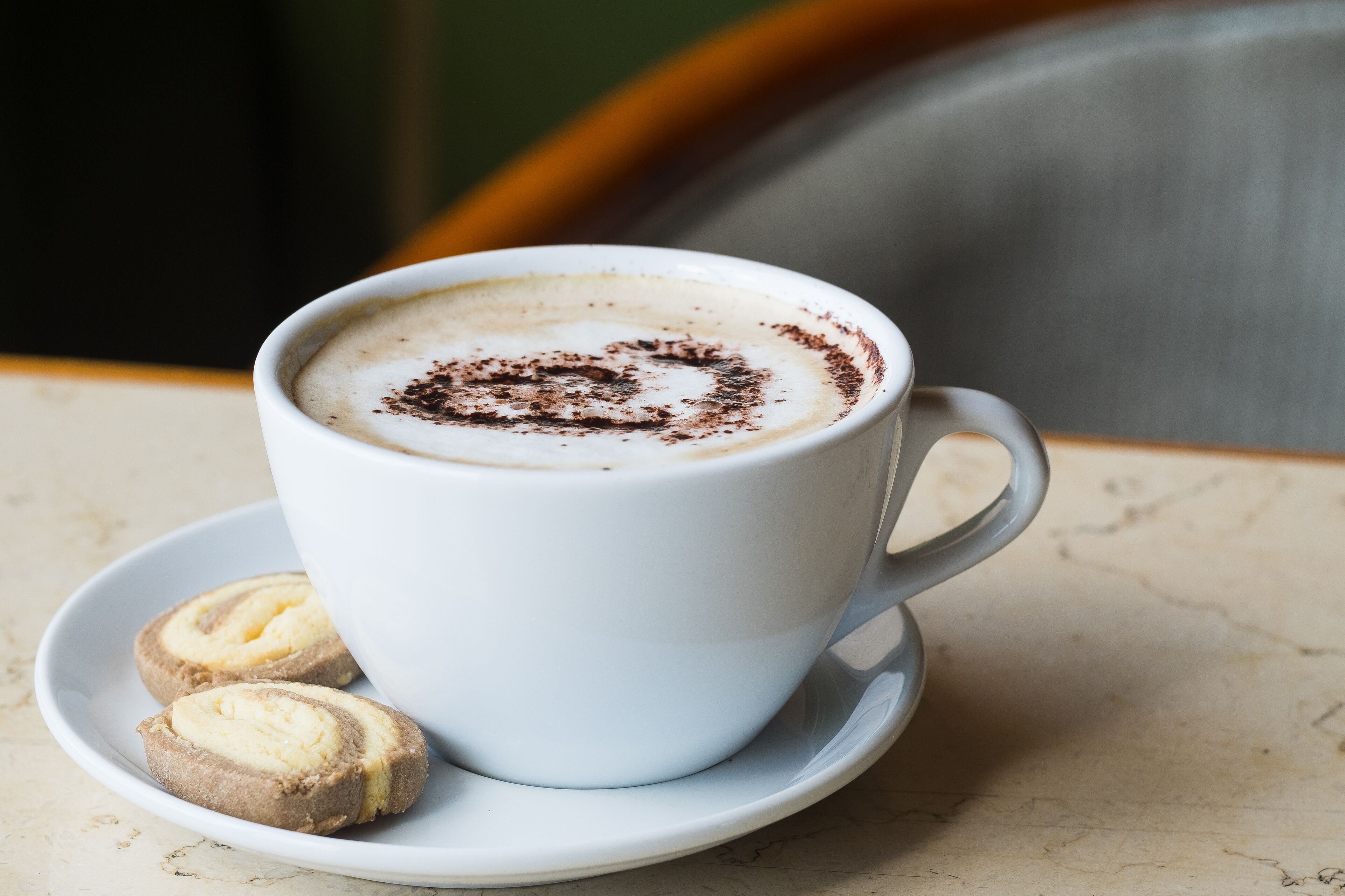 A cup of coffee with a frothy top and a sprinkle of cocoa on a saucer, accompanied by two cookies.