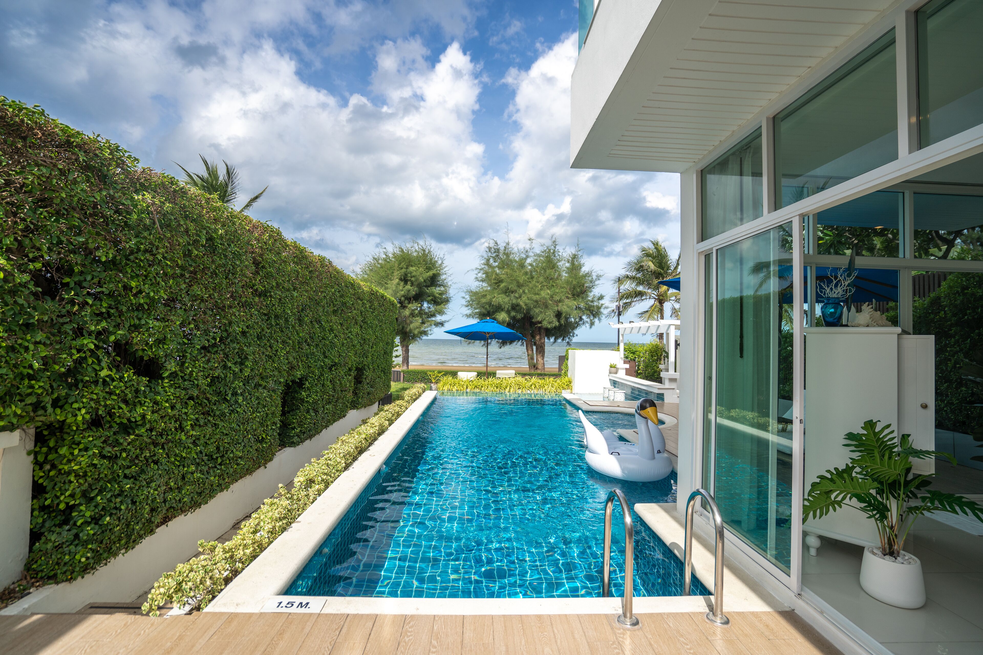 A swimming pool with a glass enclosure, surrounded by a hedge and a view of the sea.