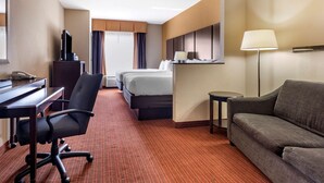 Hotelkamer met een bed, een bureau met een computer, een stoel, een bank en een televisie.