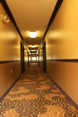Un couloir d’hôtel avec un tapis à motifs, des portes des deux côtés et une lumière au bout.