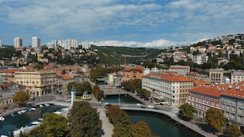 A riverside cityscape with historic buildings, a statue, and a bridge.