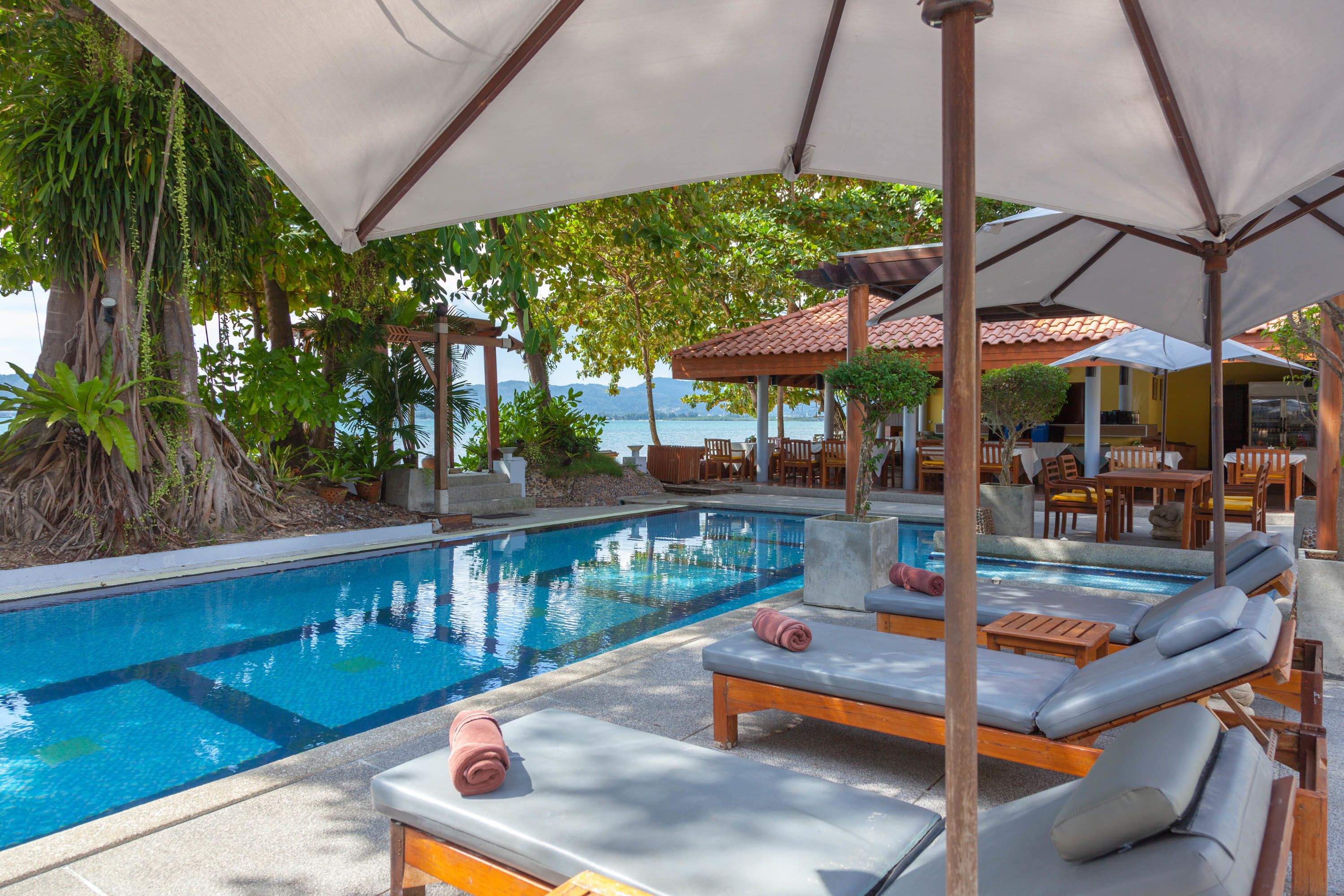 Outdoor pool, pool umbrellas, pool loungers