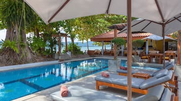 Outdoor pool, pool umbrellas, pool loungers