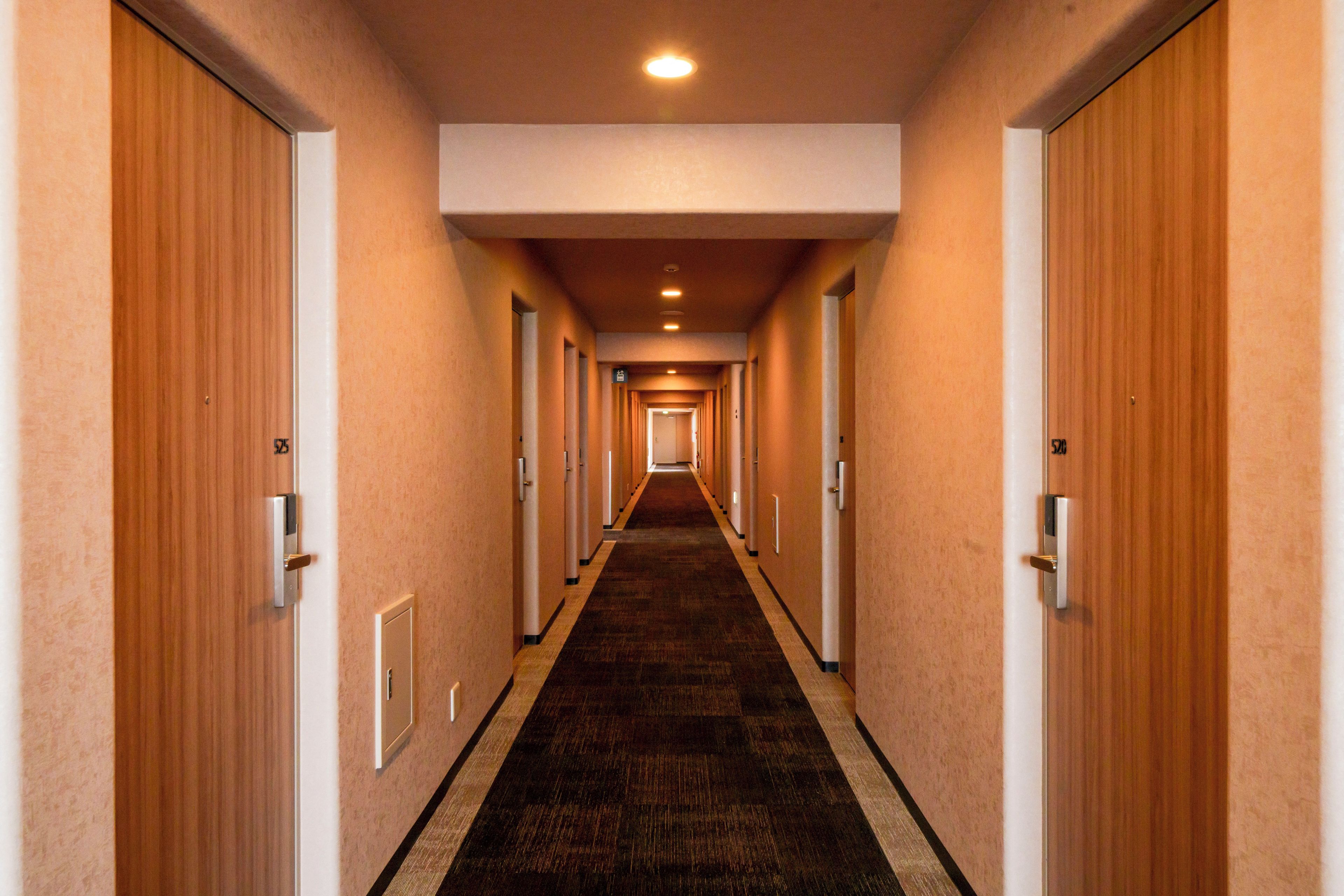 Corredor de hotel com portas em ambos os lados, piso coberto de carpete e iluminação no teto.