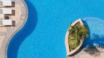 Une piscine à bord incurvé, entourée d’une terrasse carrelée avec des chaises longues et un grand pot contenant un palmier.
