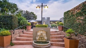 A courtyard with a fountain, steps, and a brick wall covered in greenery. - Murray Street 137 Guest House (Pretoria)