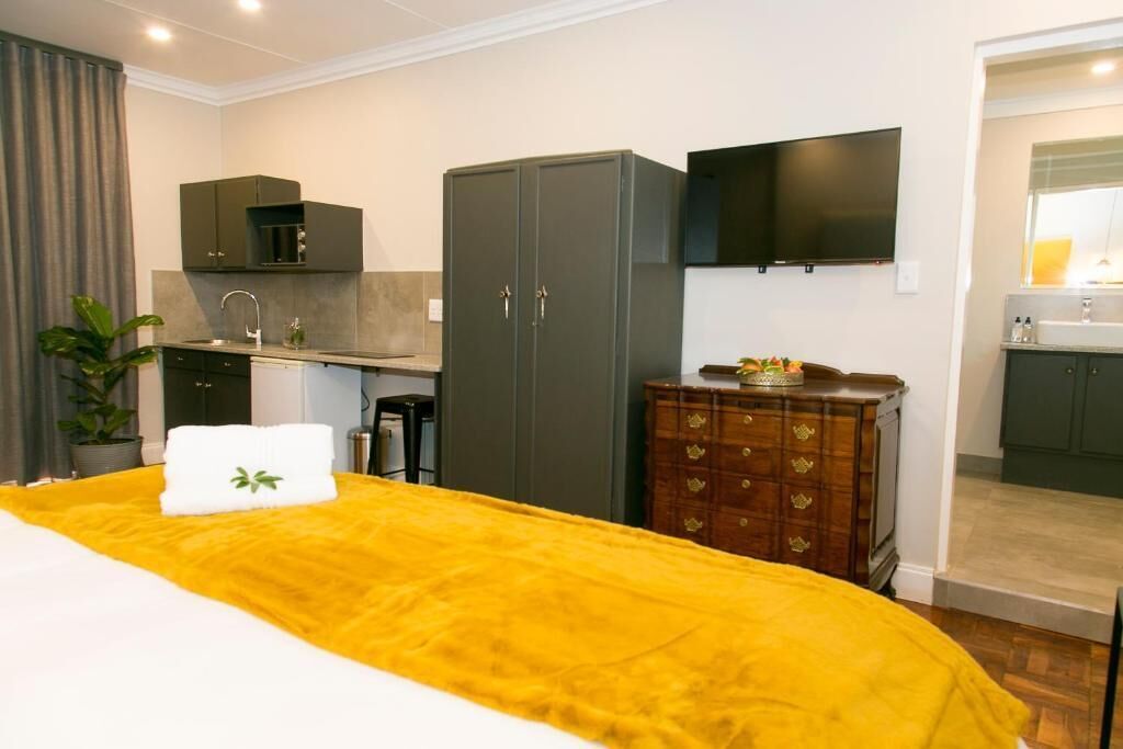 A hotel room with a bed, a desk, a wardrobe, a television, and a kitchenette.