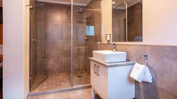 A modern bathroom with a glass-enclosed shower, a white sink, and a mirror above it.