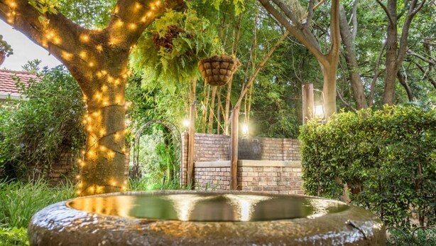 A stone fountain surrounded by lush greenery and trees. - Murray Street 137 Guest House (Pretoria)