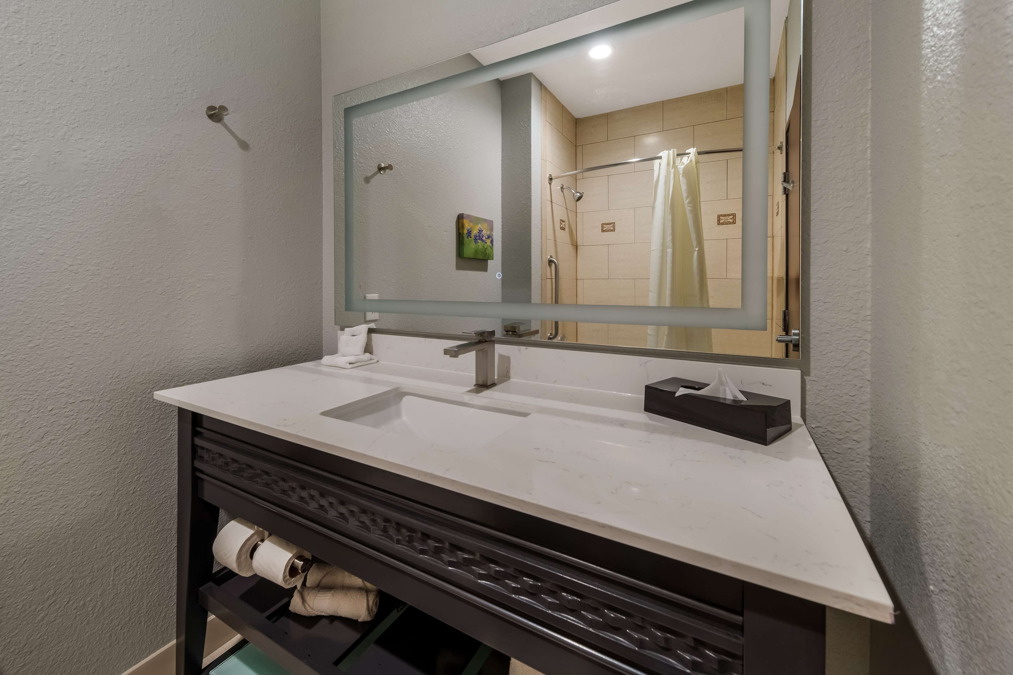A bathroom with a white sink, a large mirror, and a shower area visible in the reflection.