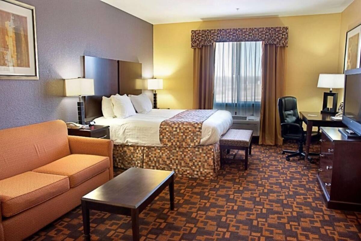 A hotel room with a bed, a sofa, a desk, a chair, and a television.