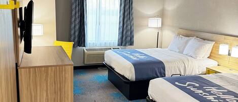 Room, 2 Queen Beds, Non Smoking, Refrigerator & Microwave | In-room safe, desk, laptop workspace, blackout drapes