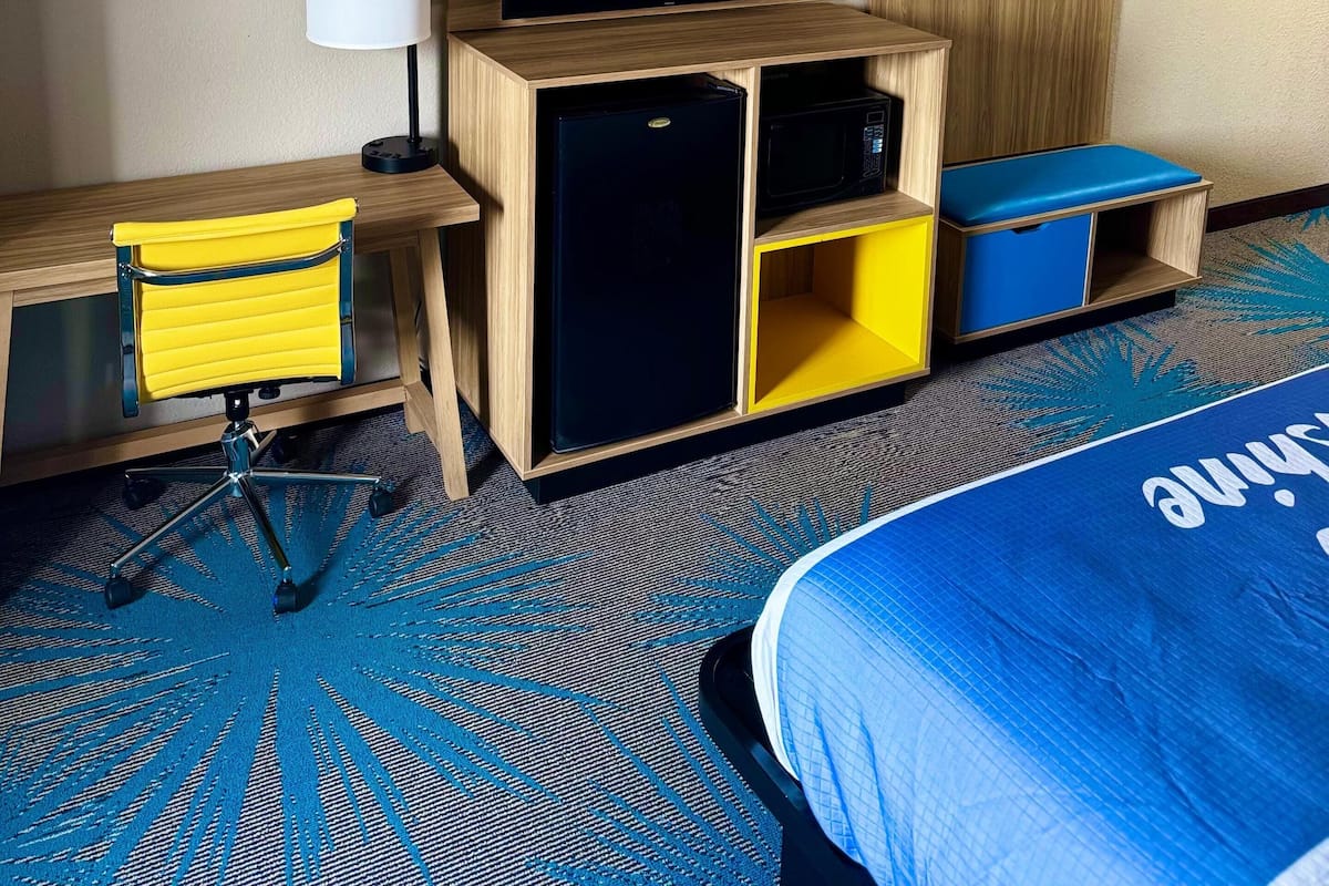 A hotel room with a bed, a desk with a chair, a television, a microwave, and a small refrigerator.
