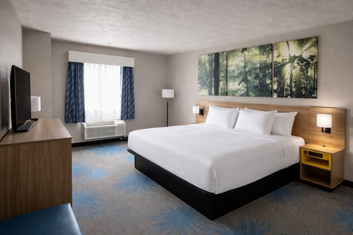 A hotel room with a large bed, bedside tables, a desk with a TV, and a large window with curtains.