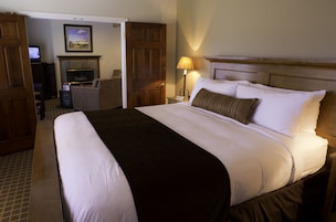 Habitación de hotel con una cama grande, televisión, chimenea y escritorio con silla.
