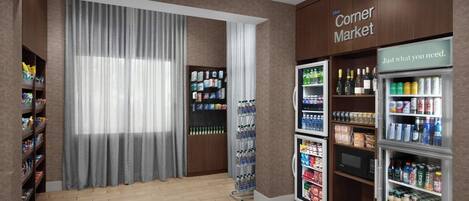 A corner market with shelves stocked with snacks, beverages, and household items.