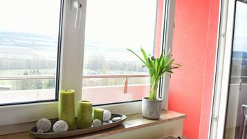 A window with a view of a cityscape, a potted plant, and a tray with candles and spherical objects.