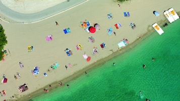 On the beach, beach cabanas, sun-loungers, beach umbrellas