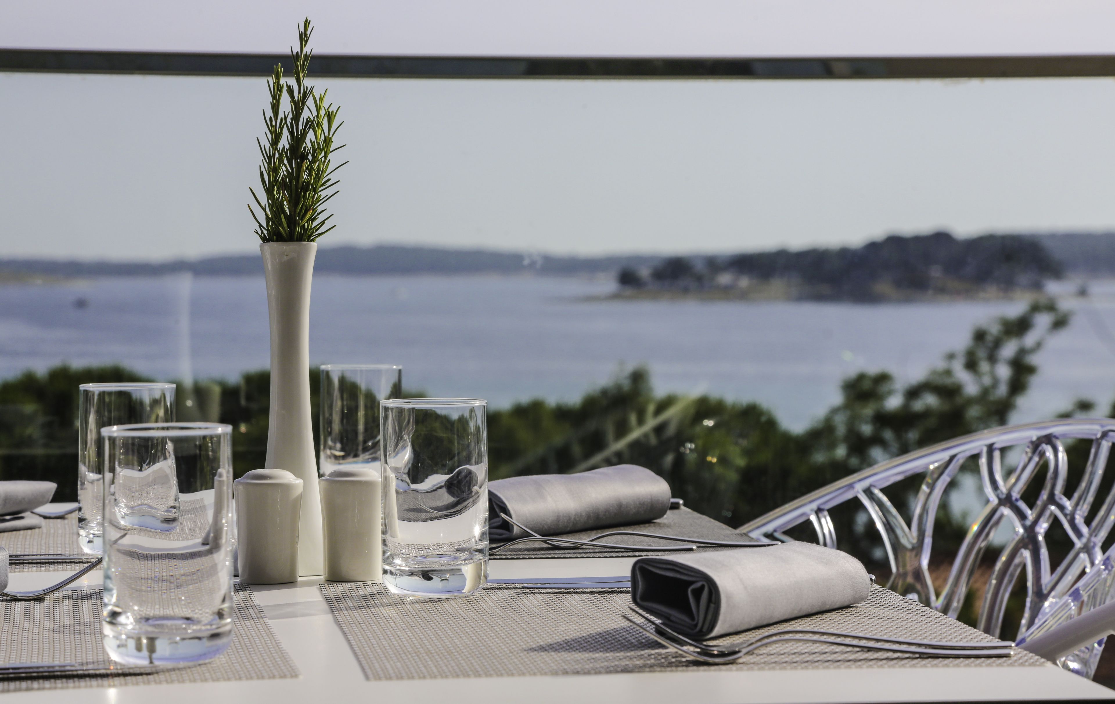 Une table dressée avec des verres, un vase contenant une plante, et une vue sur la mer et le paysage lointain.