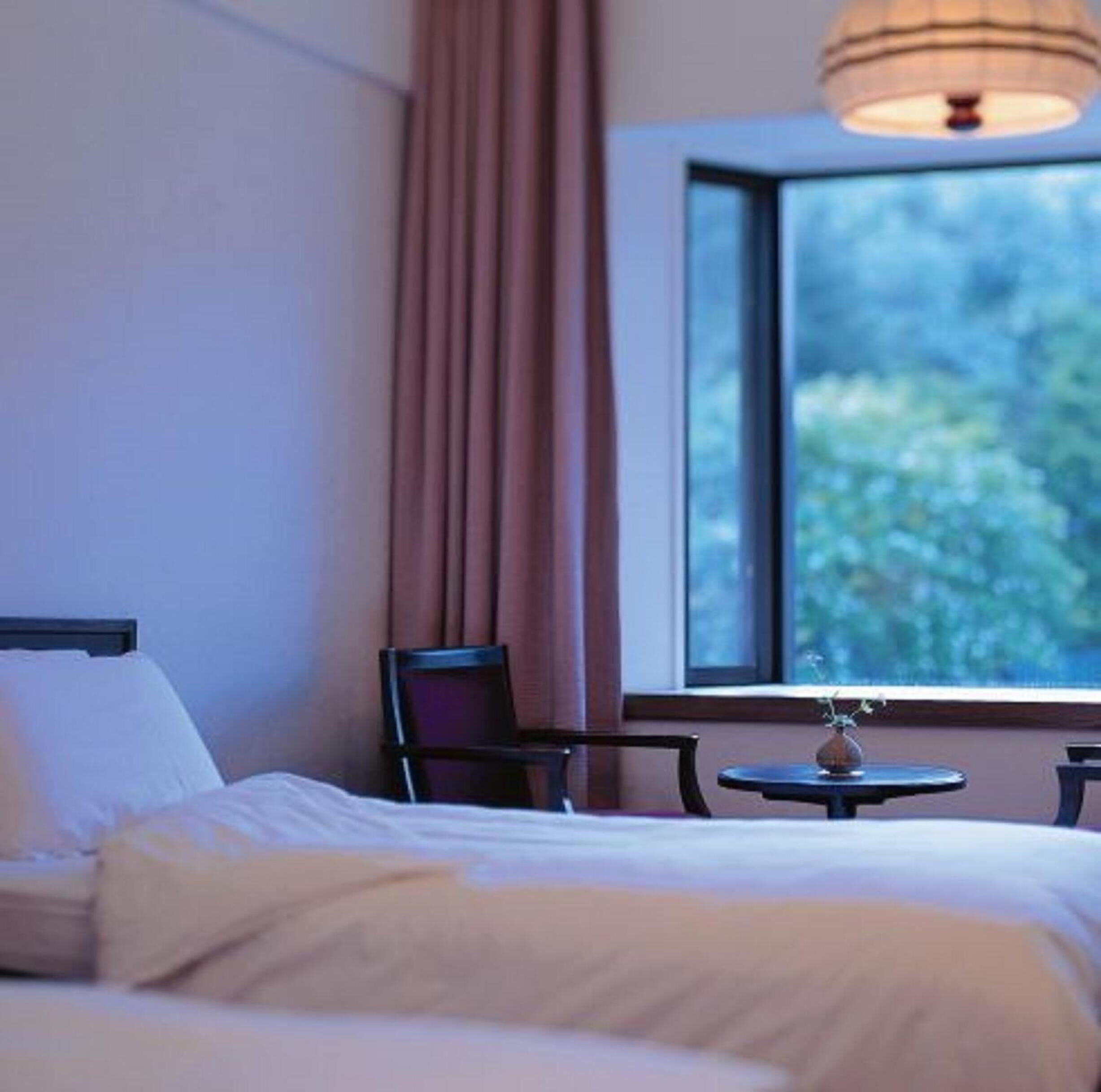 A hotel room with a bed, a chair, a small table, and a window with a view of greenery.