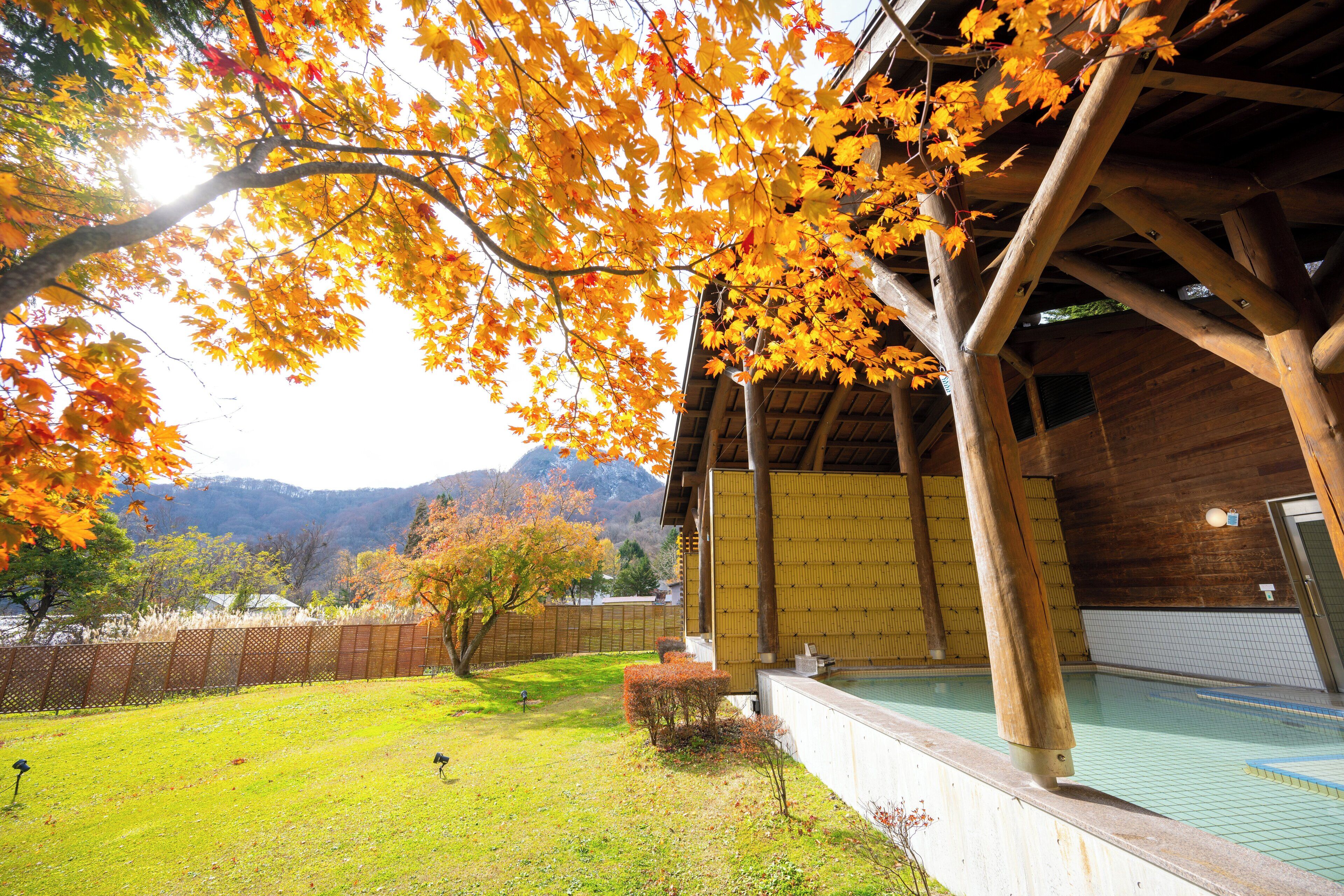 Ein traditionelles Holzhaus mit überdachter Terrasse und Schwimmbecken.