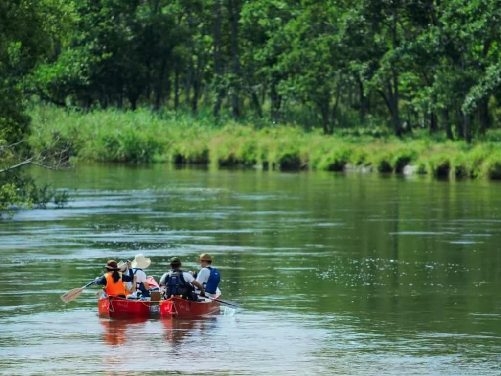 Un grupo de personas en un canoa roja en un río tranquilo rodeado de vegetación densa.