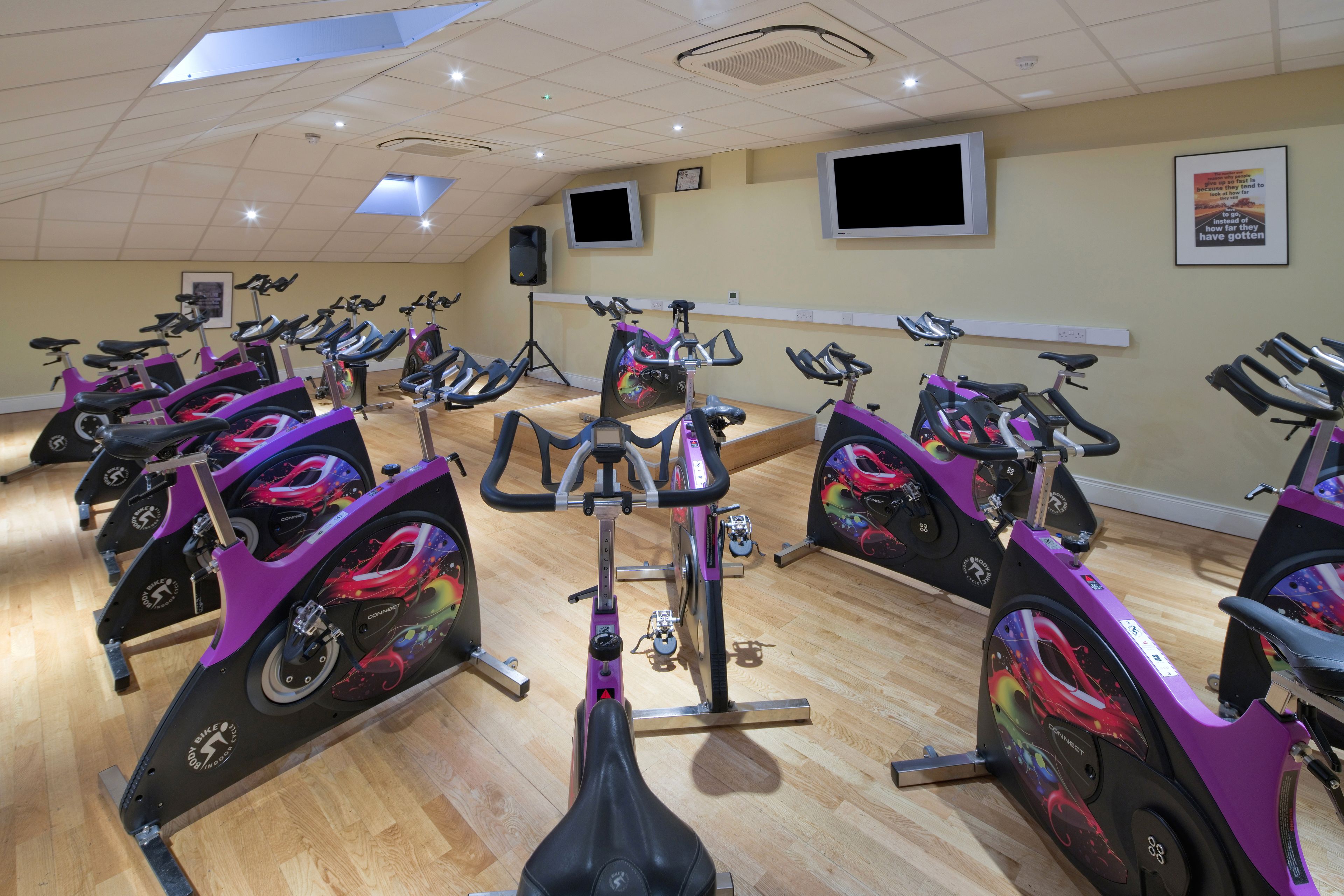 Une salle de sport équipée de plusieurs vélos d’appartement disposés en rangées, d’un plafond agrémenté de lucarnes et d’un téléviseur fixé au mur.