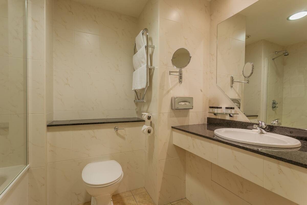 deluxe double room | bathroom | shower, free toiletries, towels