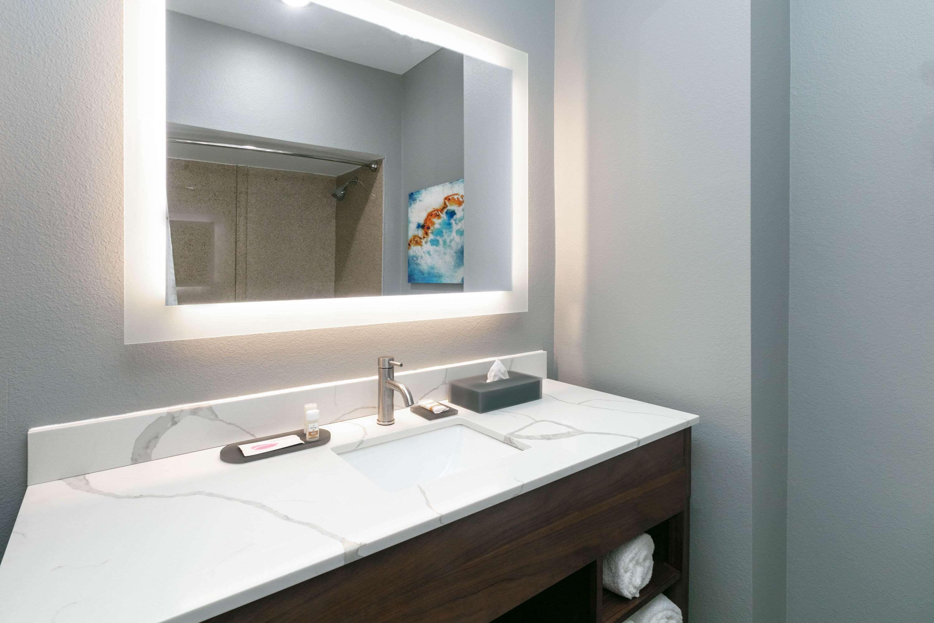 combined shower/bathtub, free toiletries, hair dryer, towels