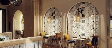 A restaurant with a wooden interior, arched windows, and patterned tile walls.