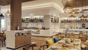 A modern kitchen with wooden accents, a central island, and hanging pendant lights.