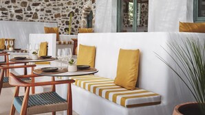 Un espace repas avec un mur en pierre, des sièges à rayures blanches et jaunes, des chaises en bois et une table dressée avec des verres et des assiettes.