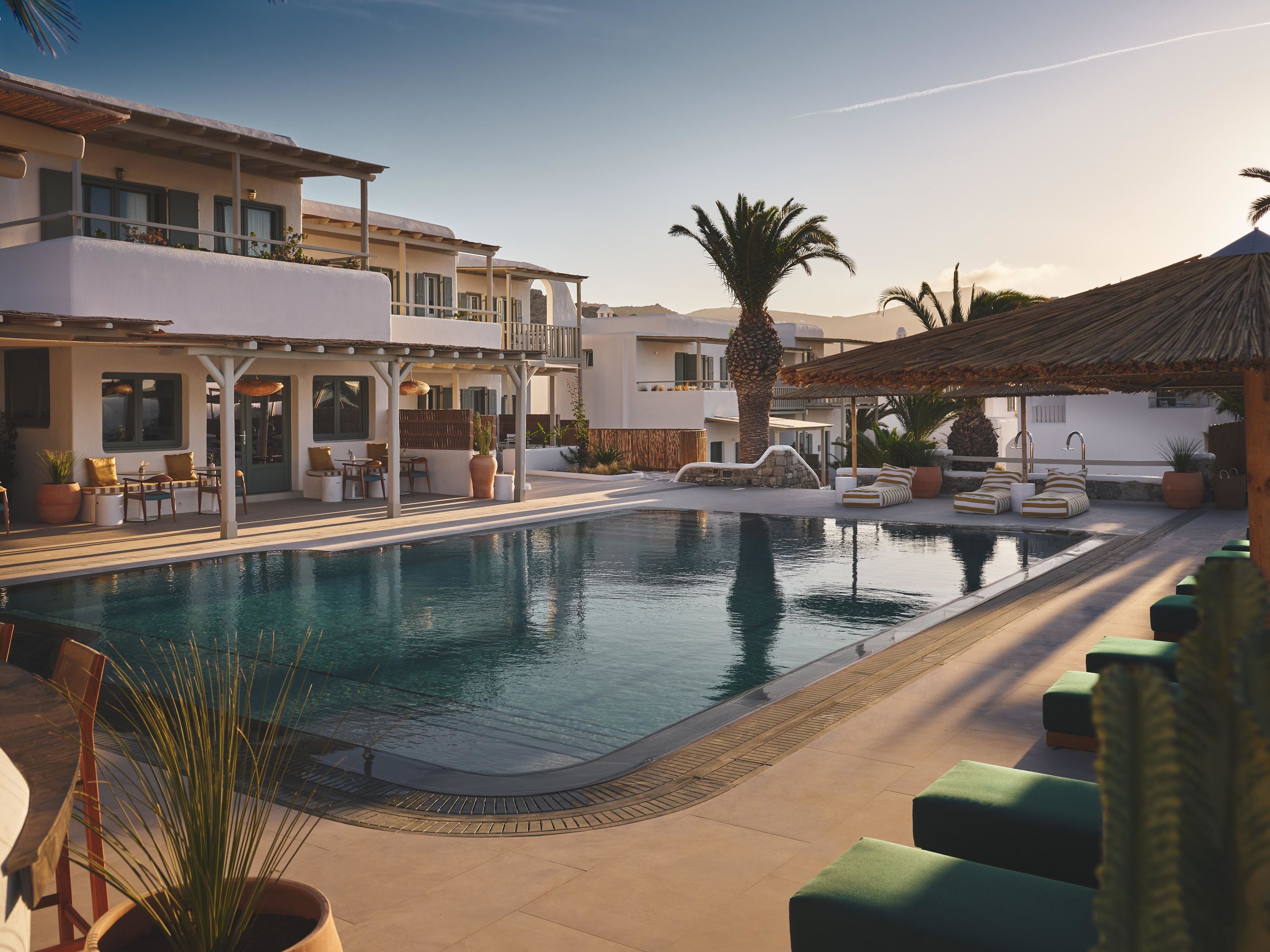 A pool area with lounge chairs, a palm tree, and a building with balconies.