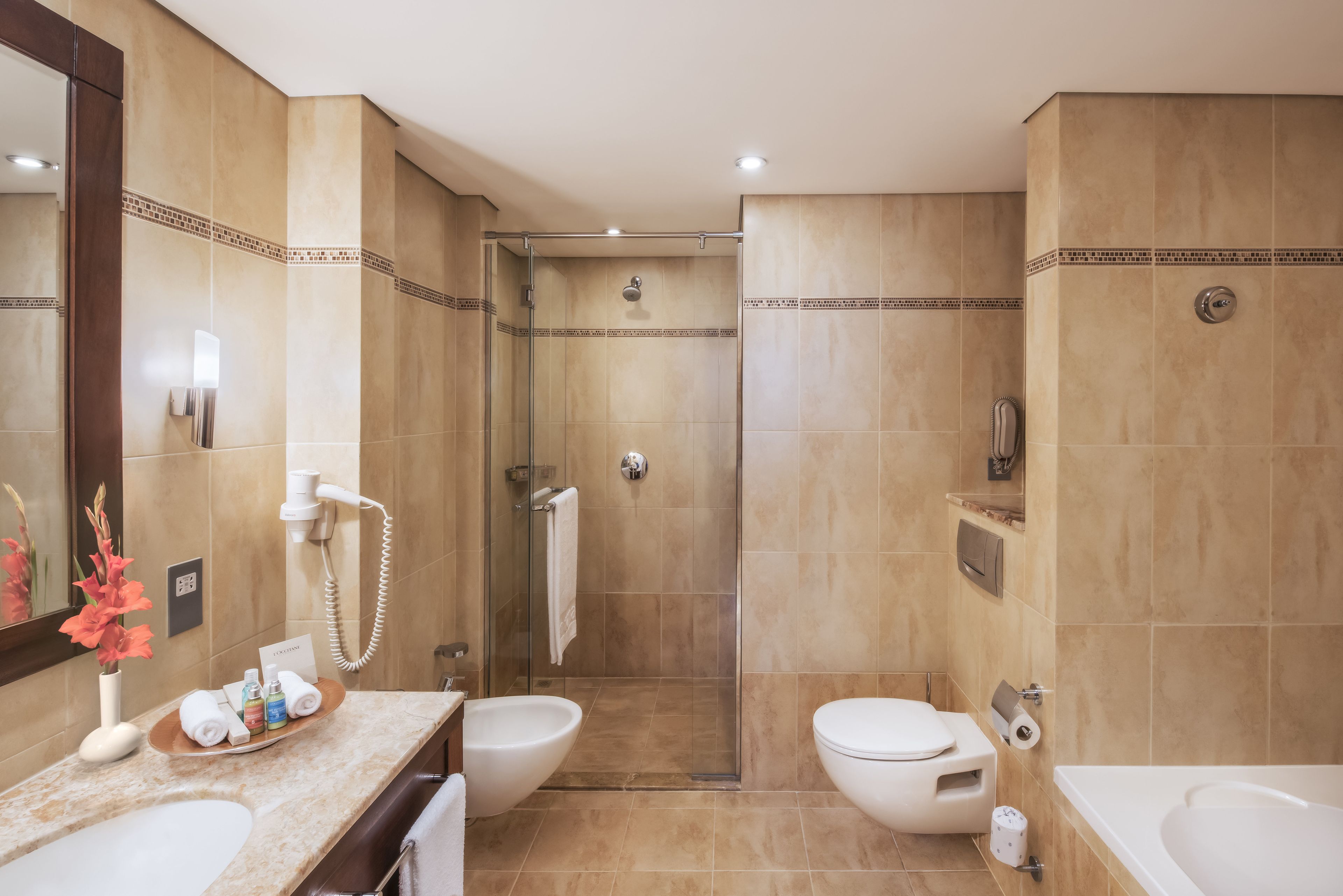 A modern bathroom with a shower, toilet, bidet, and a vanity with a mirror.