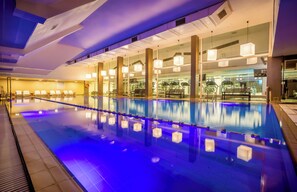 Indoor pool, seasonal outdoor pool, pool umbrellas, pool loungers
