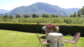 Un'area esterna con posti a sedere, un tavolo e delle sedie, circondata da un siepe curata e un vaso di fiori.