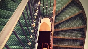 A spiral staircase with green patterned carpet and black balusters.