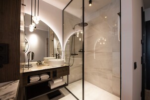 Separate tub and shower, rainfall showerhead, hair dryer, bathrobes
