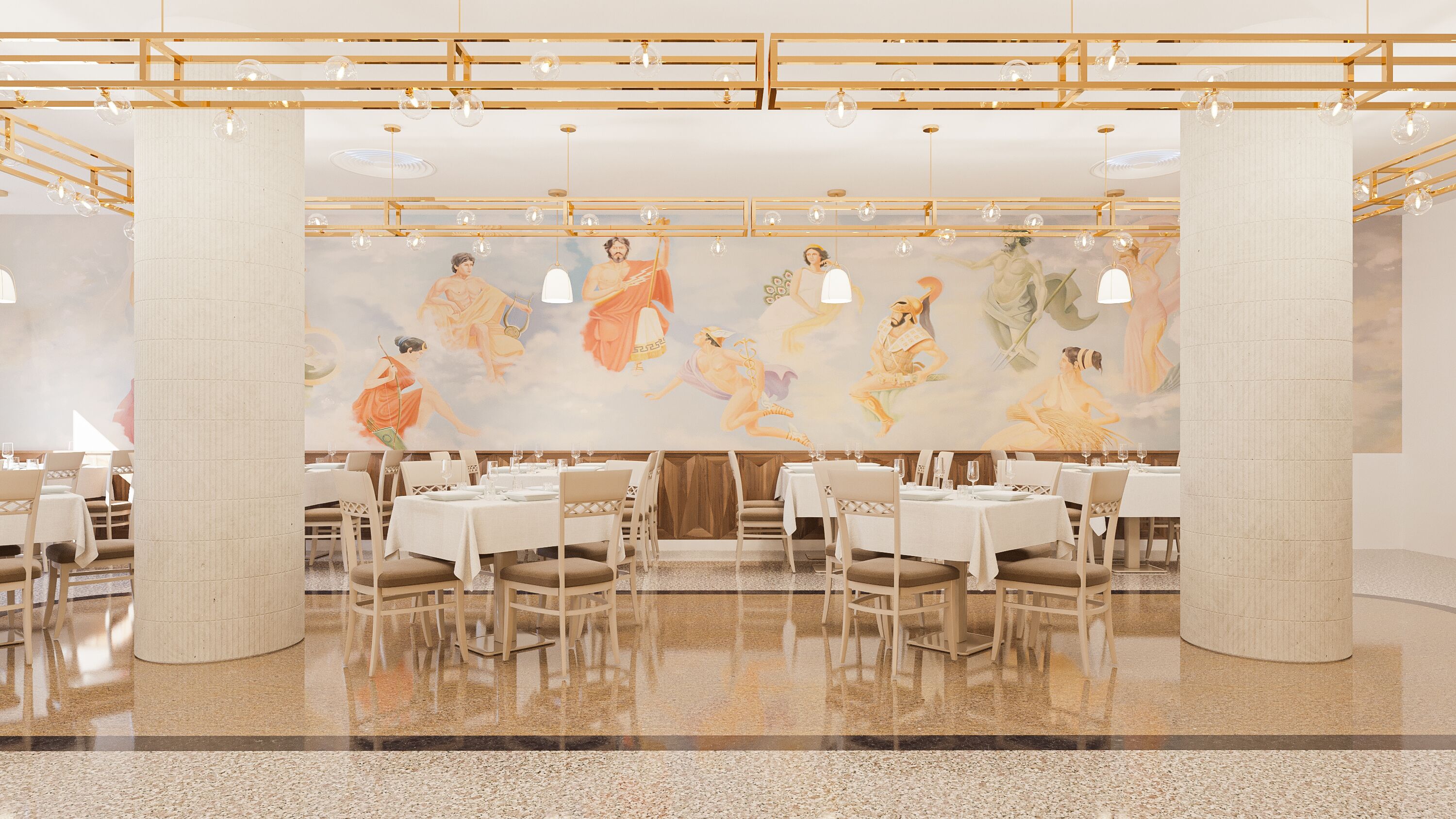 Ein geräumiges Restaurant mit hohen Decken, stilvollen Kronleuchtern und einem Wandgemälde klassischer Figuren.