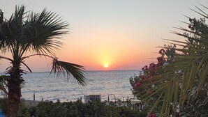 Zonsondergang boven een kalme zee, met palmbomen en weelderige begroeiing op de voorgrond.