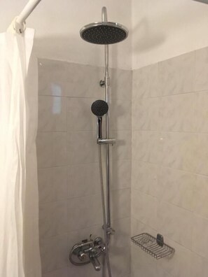 Shower, rainfall showerhead, hair dryer, slippers