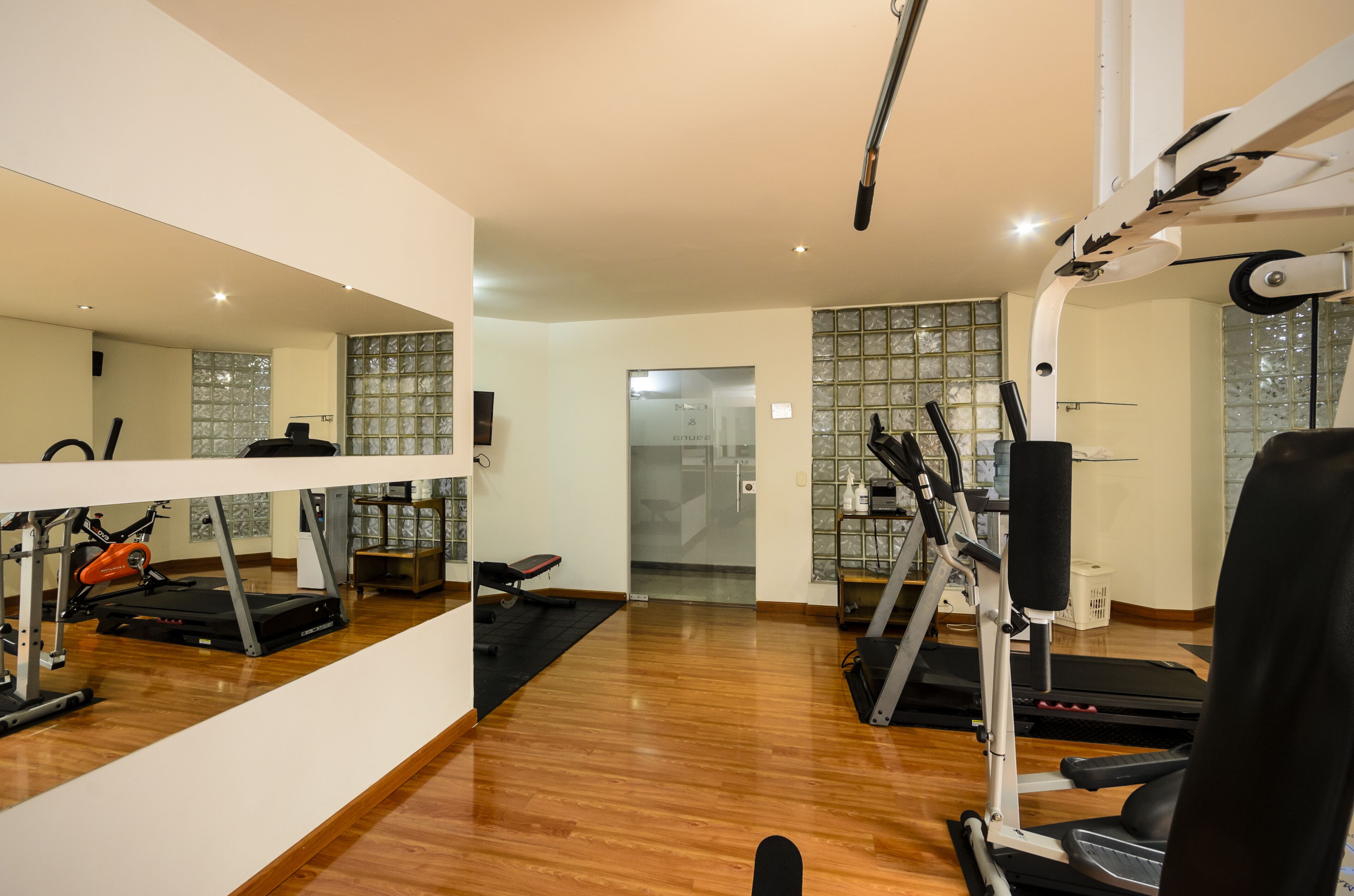 A home gym with exercise equipment, a treadmill, and a mirrored wall.