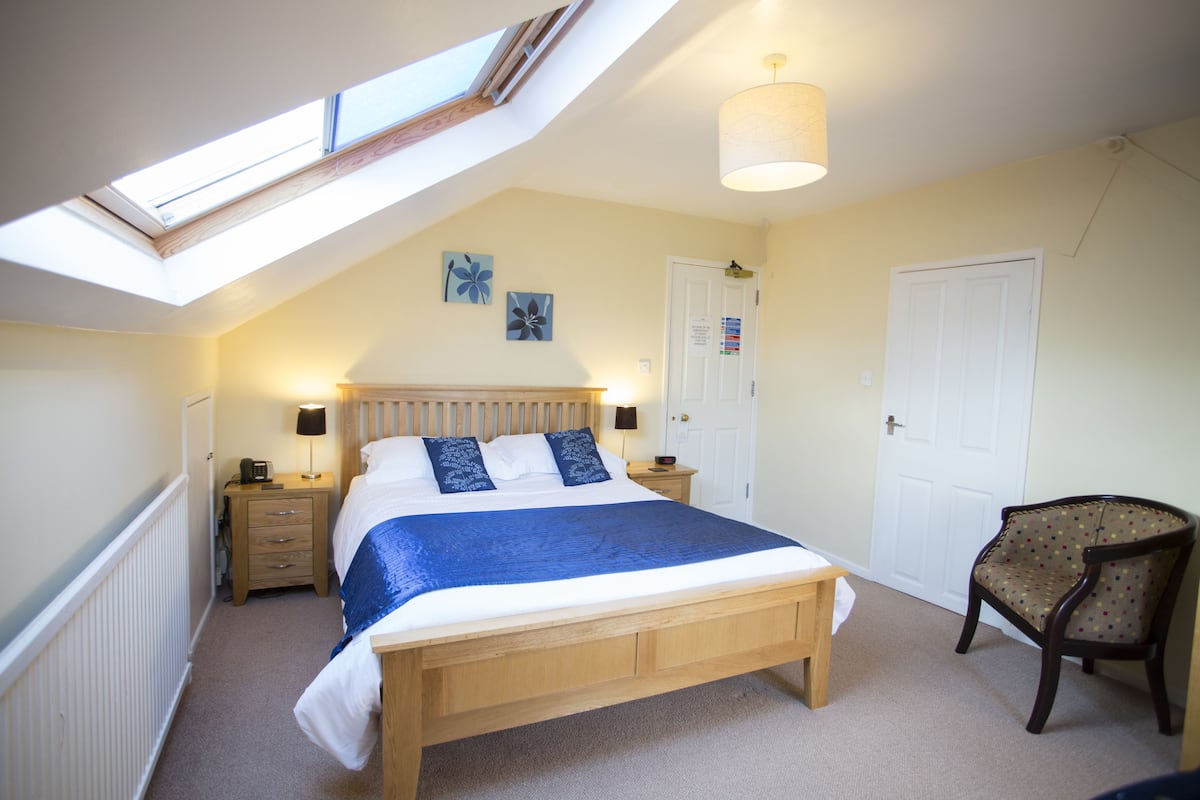 A bedroom with a skylight, a bed with blue bedding, a wooden nightstand, a chair, and a door.