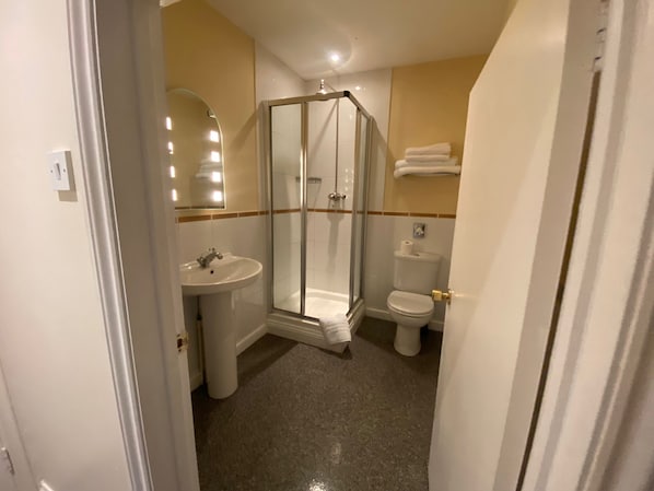 Un baño con ducha de mampara de vidrio, lavamanos e inodoro.