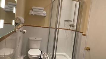 Un bagno con doccia vetrata, un water, un lavandino e un portasciugamani.
