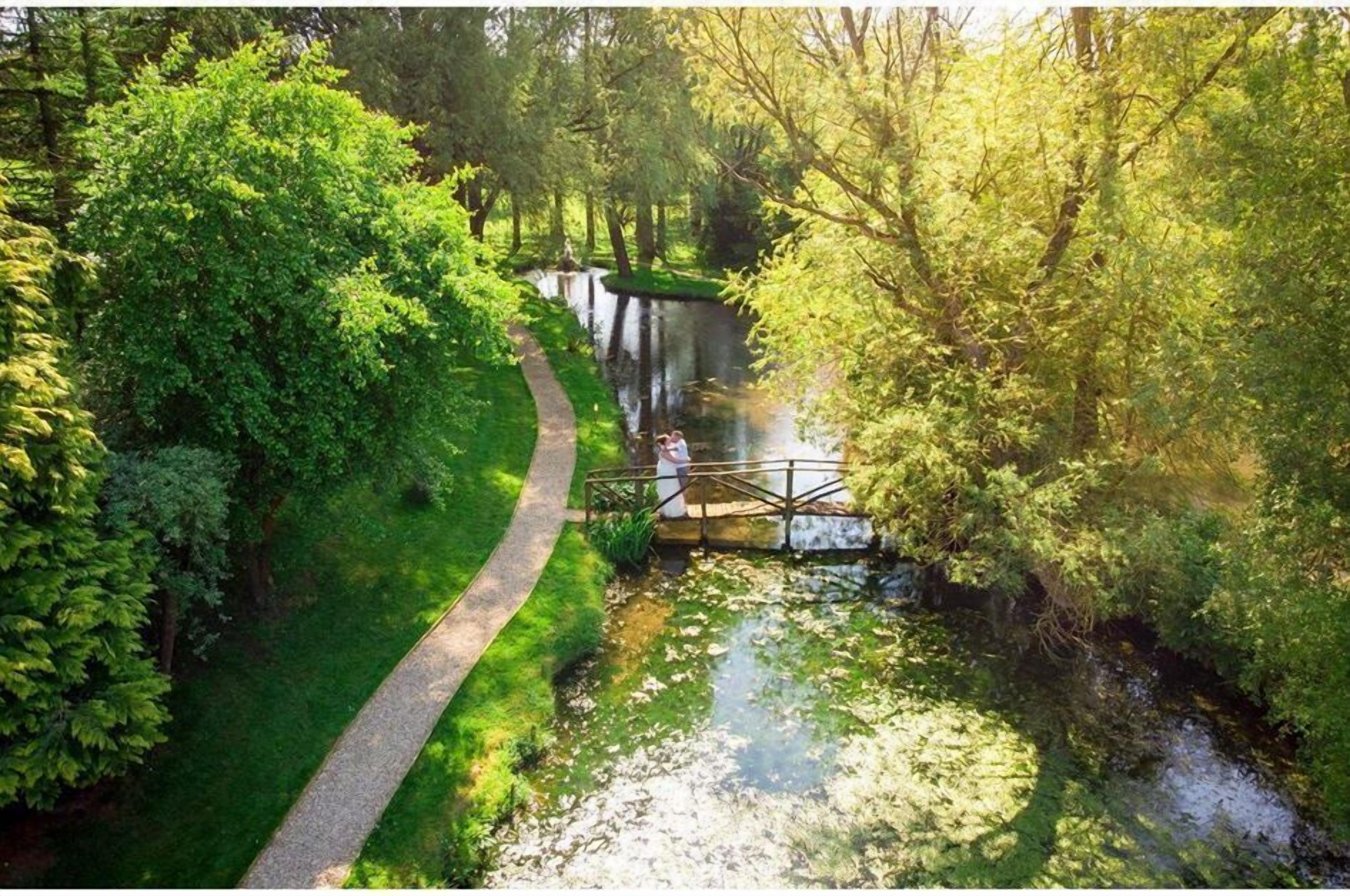 Ein Pfad führt zu einer Brücke über ein kleines Gewässer, umgeben von üppiger Vegetation.