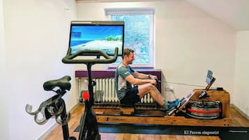 Habitación con techo de madera, una máquina de remo, una bicicleta estática y un televisor que muestra un paisaje.
