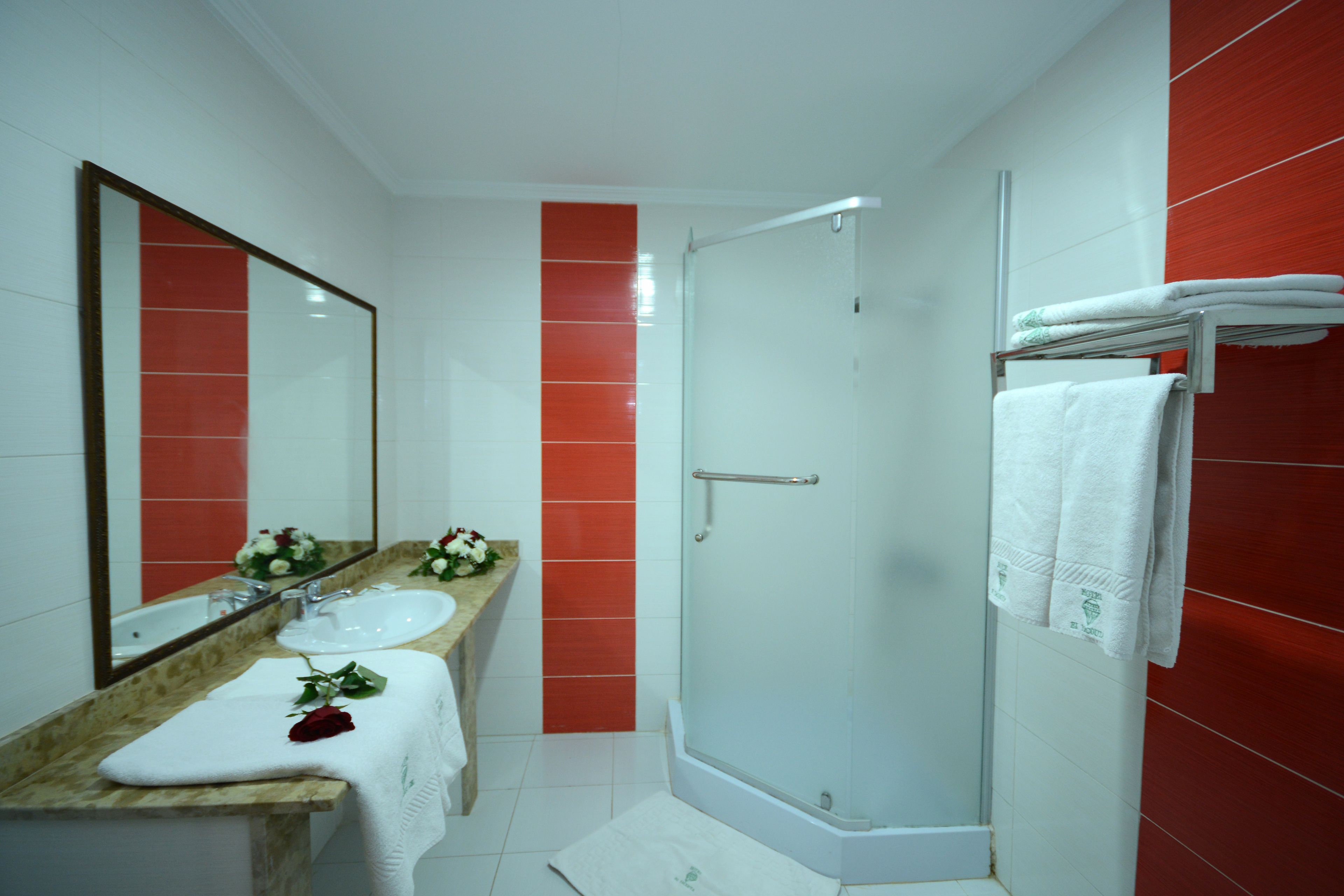 Un bagno con un piano in marmo, uno specchio grande, un lavandino bianco, un box doccia in vetro e piastrelle rosse sulle pareti.