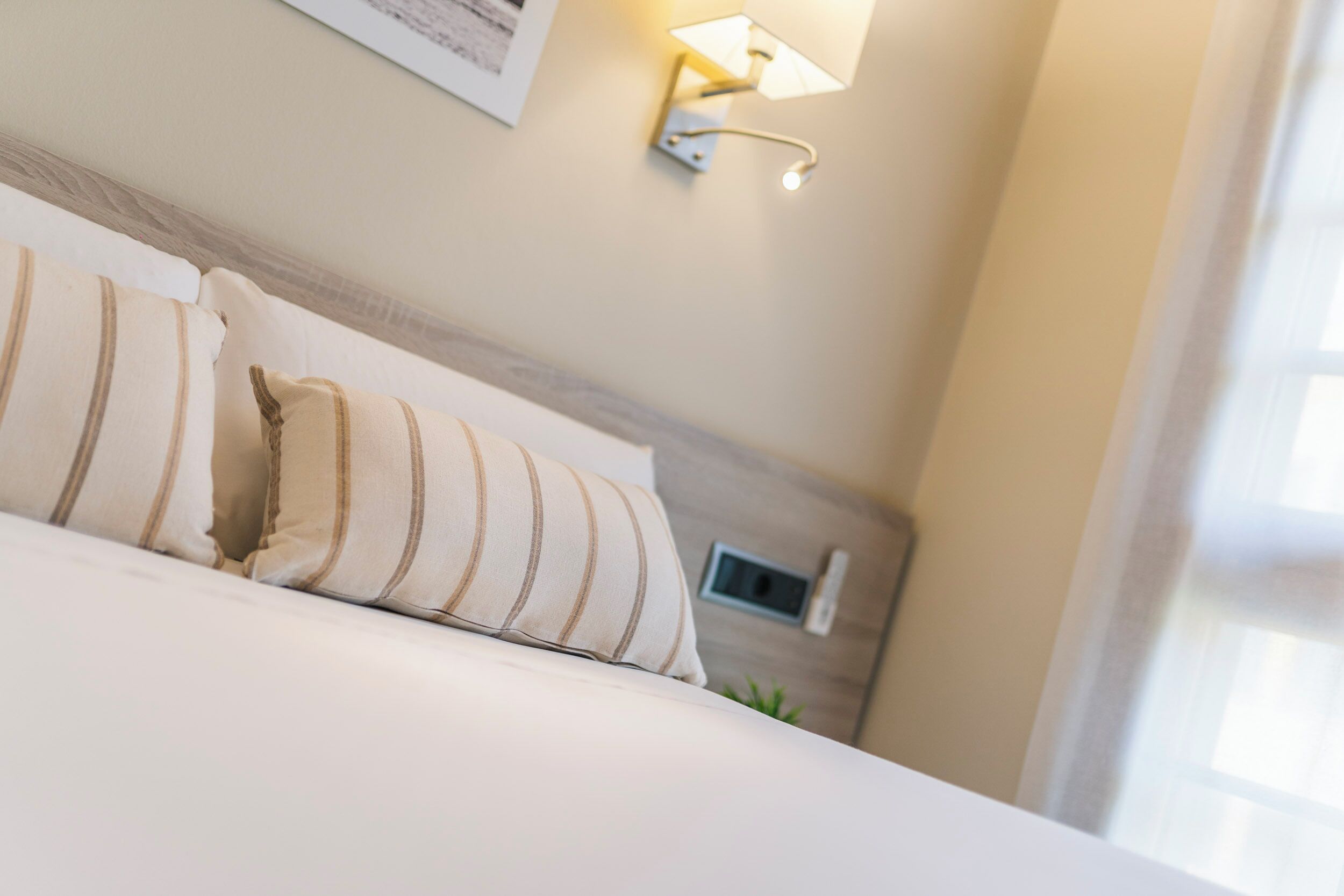 Una cama bien hecha con almohadas a rayas, una lámpara de pared y una pequeña planta en la mesita de noche.